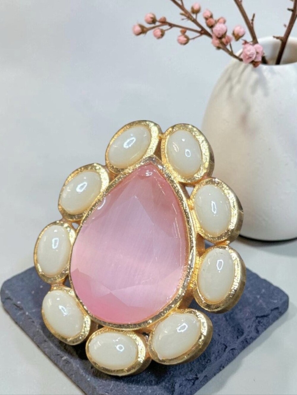 18k Gold Plated Artisan Rose Pink CatsEye Crystal Freshwater Pearl Teardrop Ring